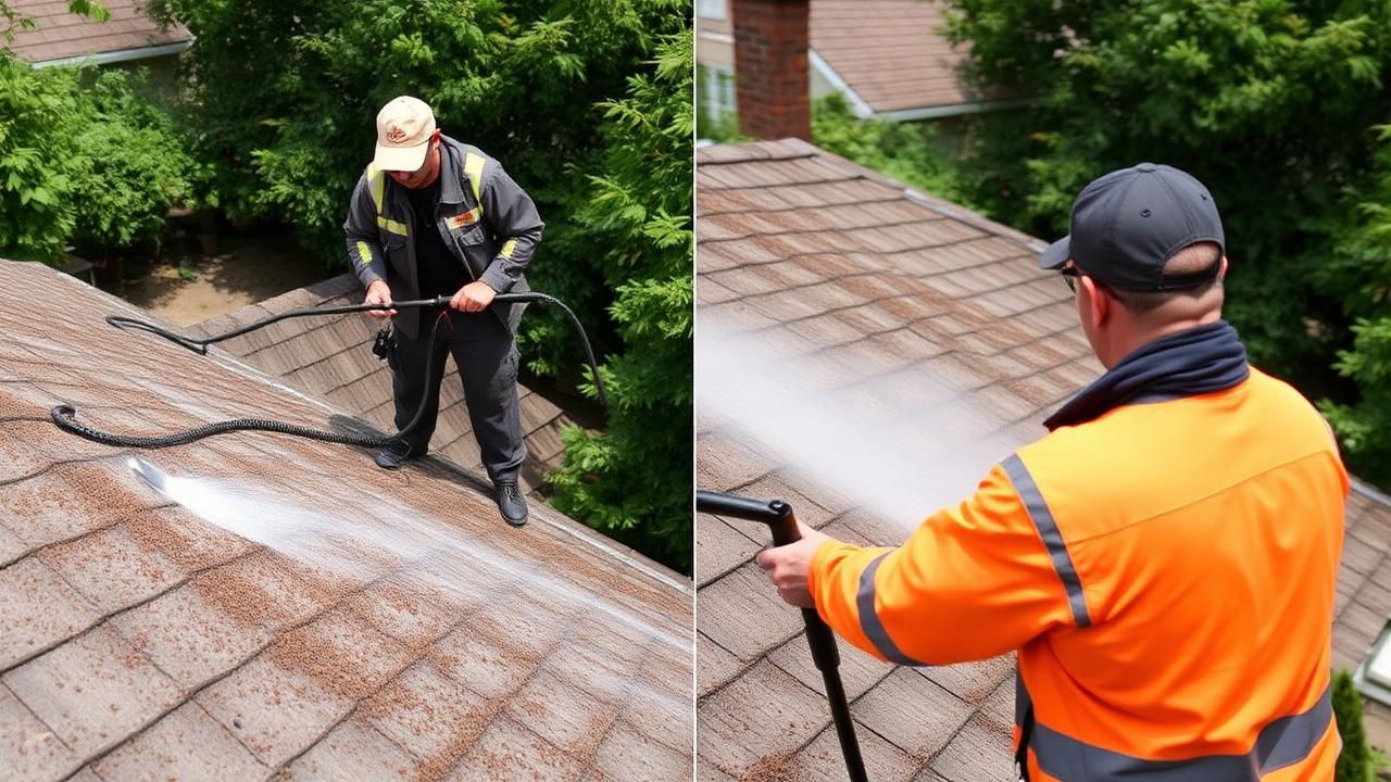 Pest control technician pressure washing pigeon droppings from a residential roof