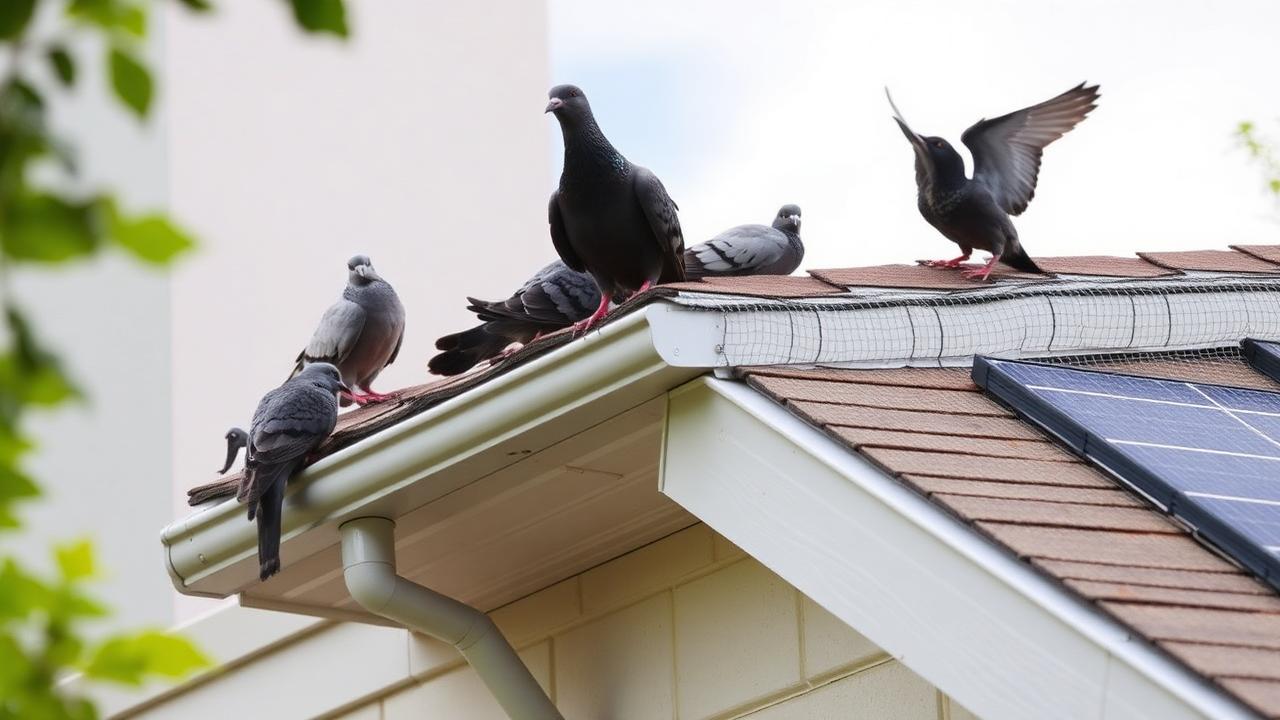 Bird exclusion netting and wire installed along a residential roofline and solar panels
