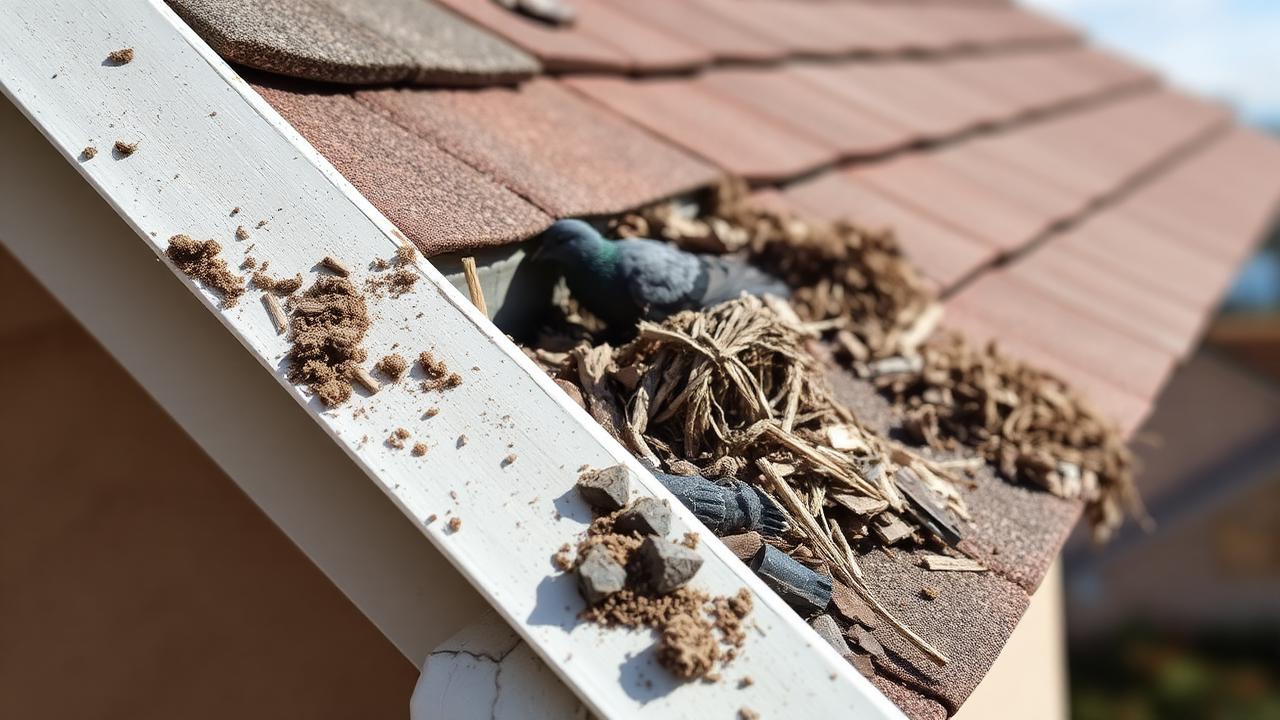 Pigeon nesting damage and droppings in a residential roof gutter